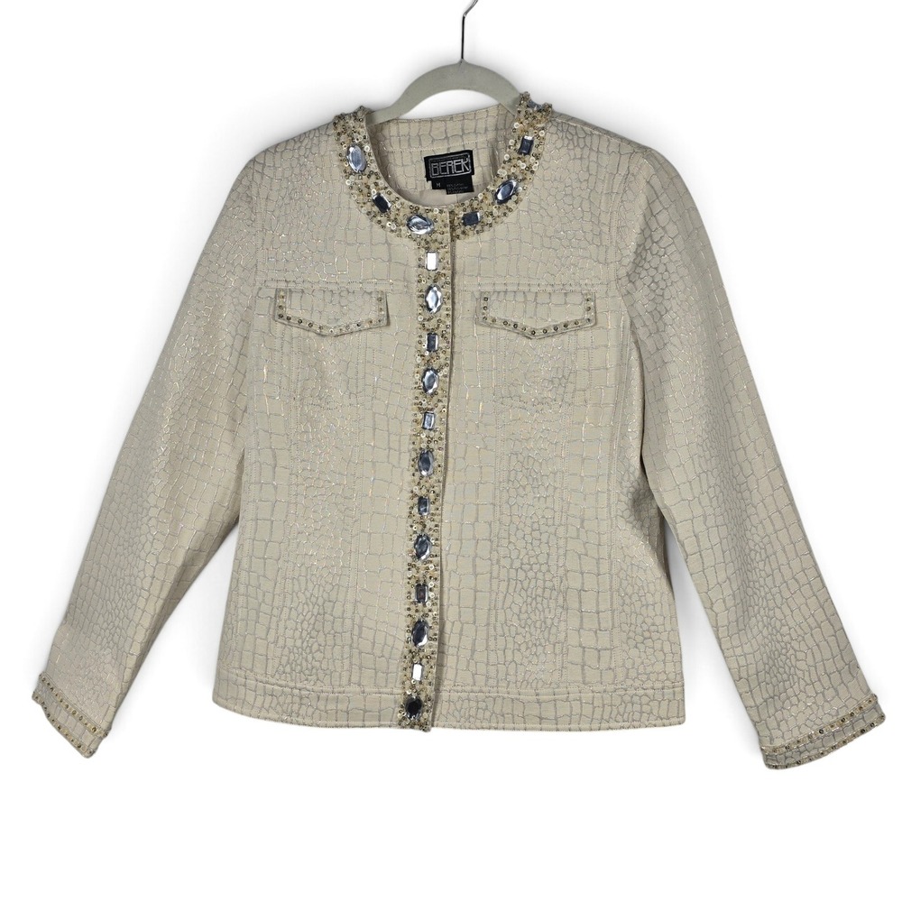 Berek Jacket Womens Med Cream Silver Metallic Crocodile Embellished Jewel Neck